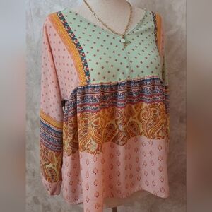 Sundance Patchwork Paisley Print V-Neck Blouse in Mint, Pink & Gold